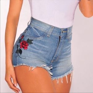 RUNWAY EMBROIDERED HIGH WAIST DENIM SHORTS